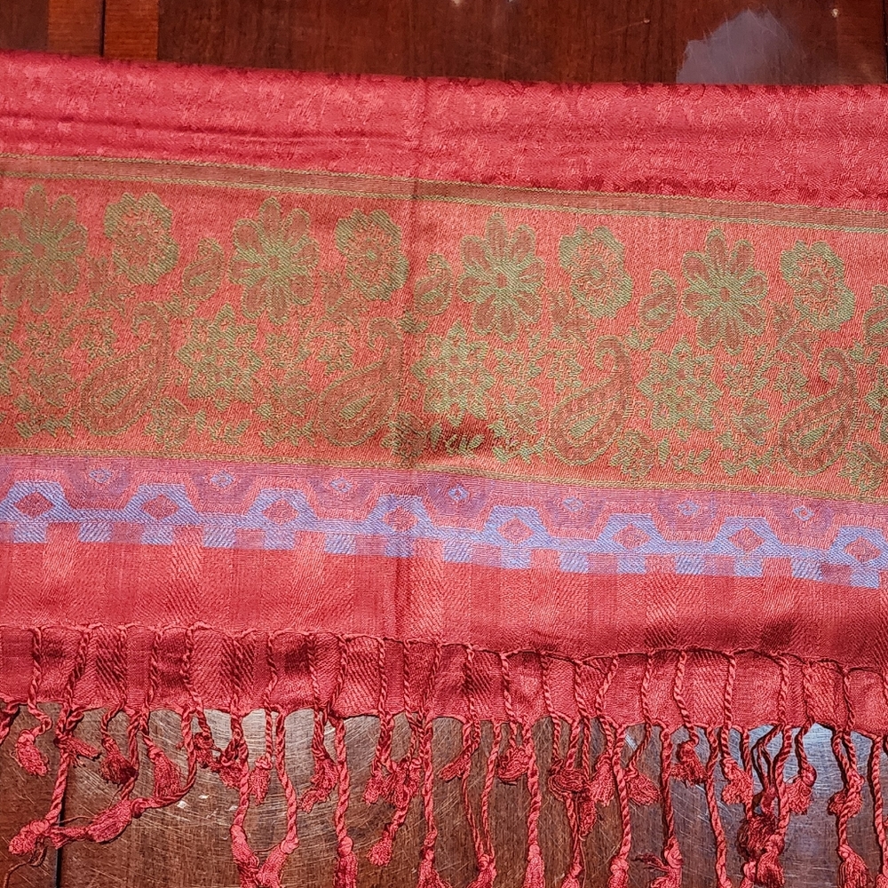 Kashkha Red, Gold, Green, Blue Pashima Scarf with fringe Poss Cashmere and Silk